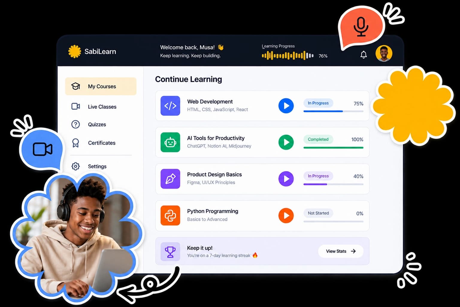 SabiLearn dashboard with courses, student learning badge and progress tracking